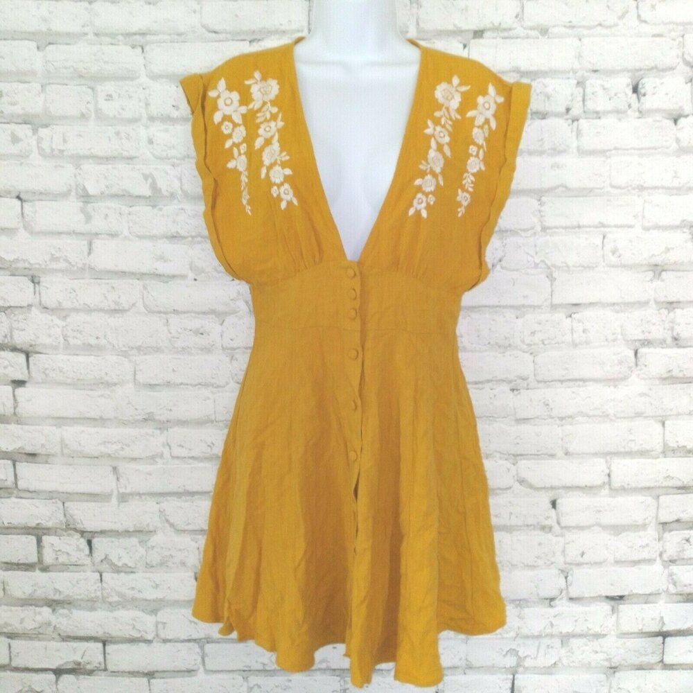 Forever 21 Dress Womens Small Yellow Fit & Flare Embroidered Sleeveless Boho